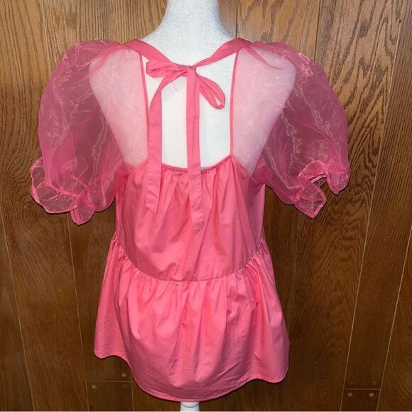 Pomander Place Tuckernuck Tinsley Top Tulle Sheer Puff Sleeve Pink Babydoll Med - Picture 4 of 10